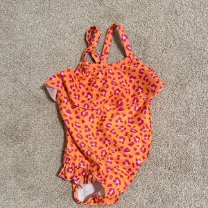 Girls Orange & Pink Leopard Print One-Piece Swimsuit